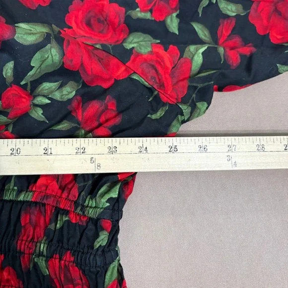 Old Navy Dress Women XXL Black Red Rose Puff Sleeve Smocked Waist Tie Back Boho - Picture 9 of 9